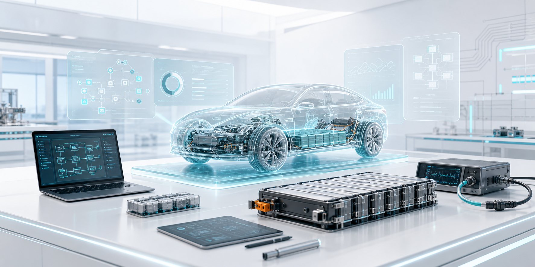 Automotive engineering lab with vehicle system model and battery validation equipment