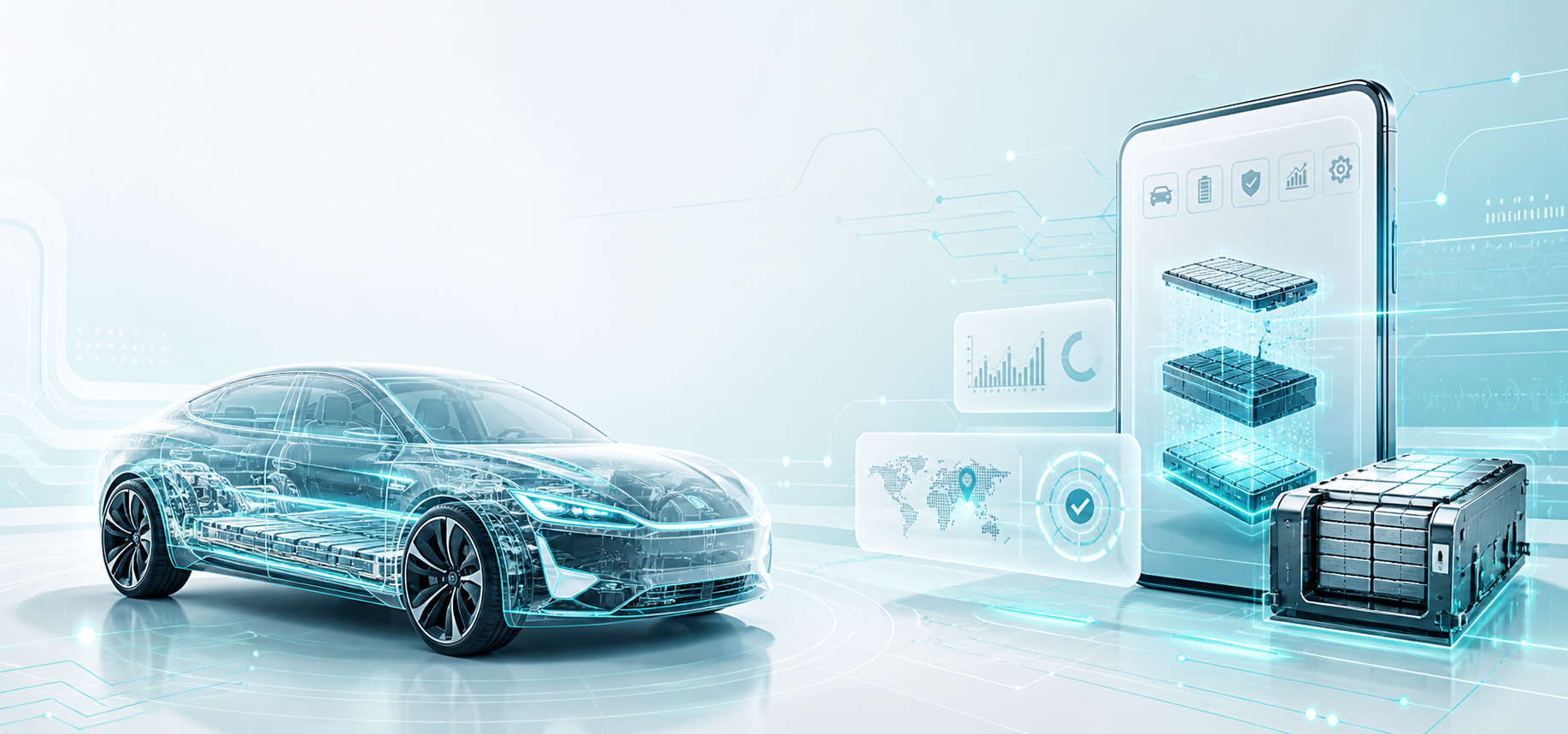 Bright electric vehicle engineering scene with battery passport and mobility data interfaces