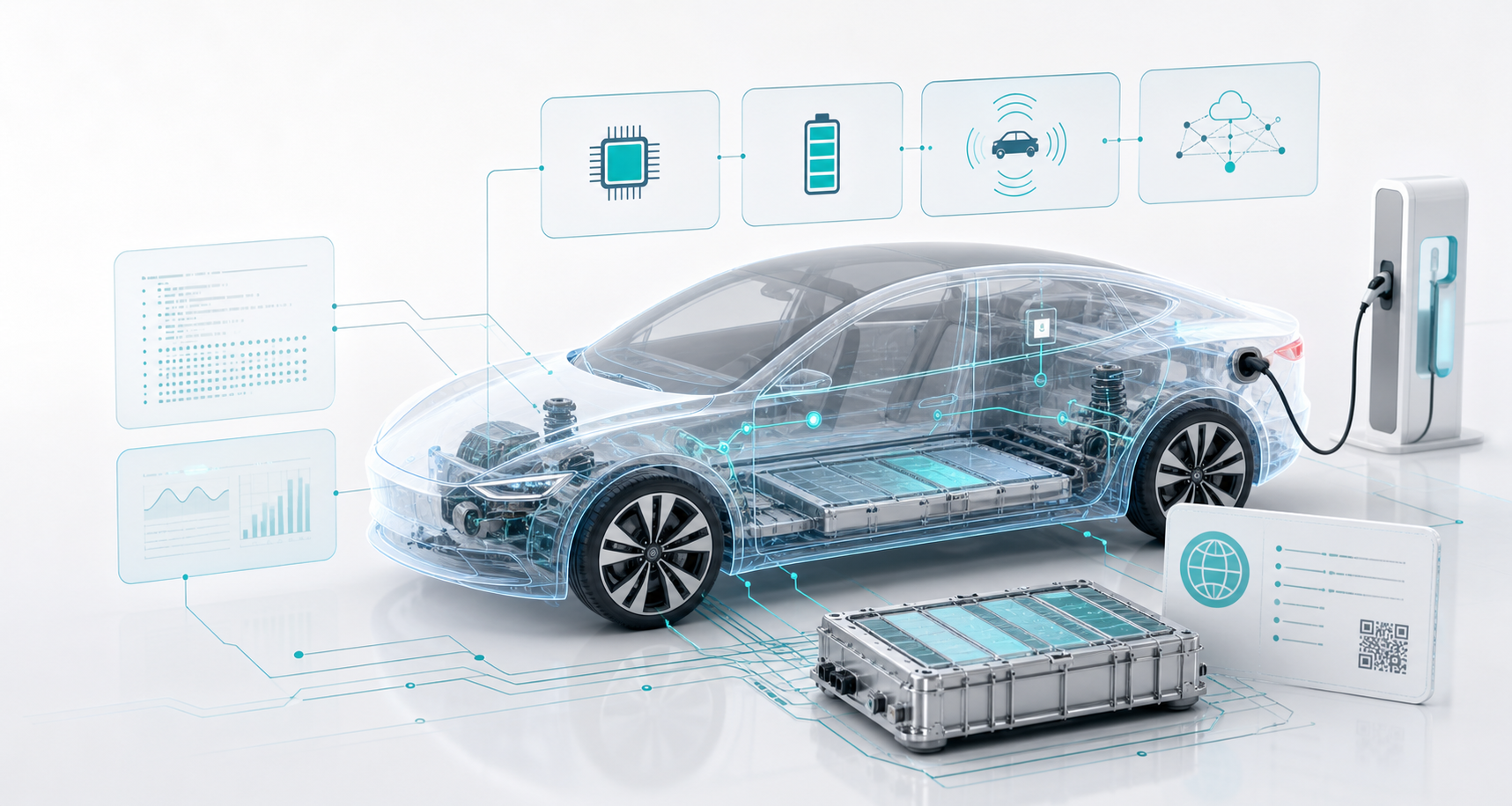Technical visual showing an electric vehicle, battery system, and mobility data panels